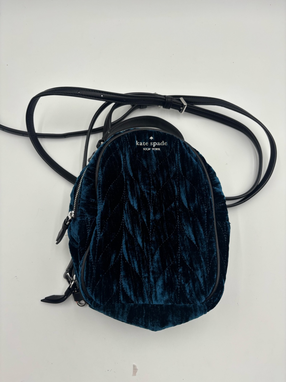 Kate Spade Briar Lane Velvet Quilted Mini Backpack in Deep Teal blue - Picture 2 of 6